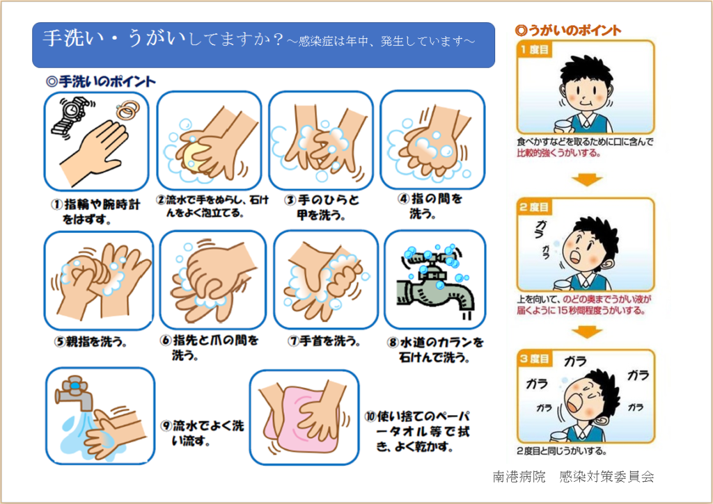 手洗いうがいは感染症を予防する基本となります。「手洗い・うがいしてますか？」｜南港病院